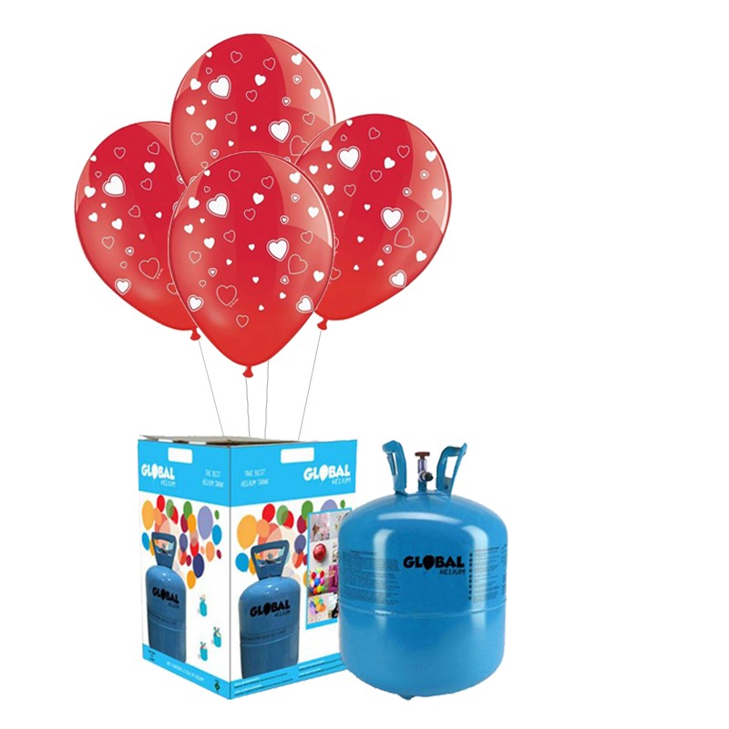 Bombola Elio per palloncini 2,2 LT + 25 Palloncini Cuori Rossi