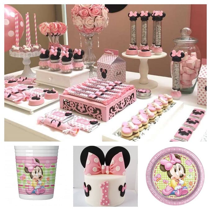 Composizione con palloncini da tavolo di Minnie rosa a pois